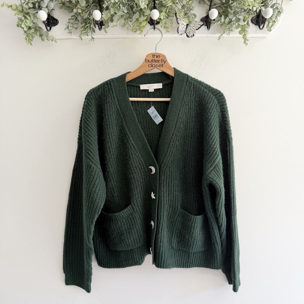 Loft Forest Green Thick Knit Bedazzled Jeweled Button Down Cardigan New LP 14-58